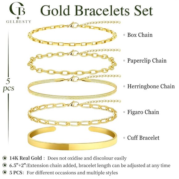 Women’s 5PC Gold Bracelet Set Non-Tarnish Hypoallergenic Waterproof Stainless St - Picture 7 of 9